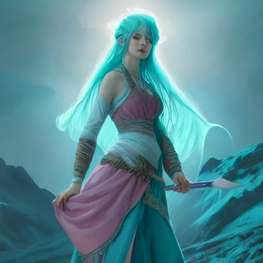 Image similar to teal haired mage, female, glacier landscape, norway, d & d, fantasy, intricate, elegant, highly detailed, digital painting, pink and teal color palette, artstation, octane render, concept art, matte, sharp focus, illustration, herrarthstone, art by artgerm and greg rutkowski and alphonse mucha