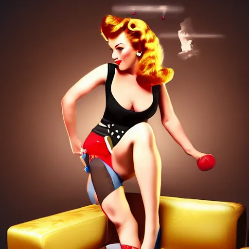 Image similar to a pin up woman playing a videogame, front view, digital art, photoshop, dark lighting, couch, control, photo