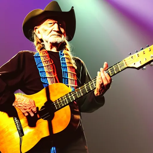 Image similar to willie nelson on stage, detailed image, four fingers holding guitar. god rays through fog.