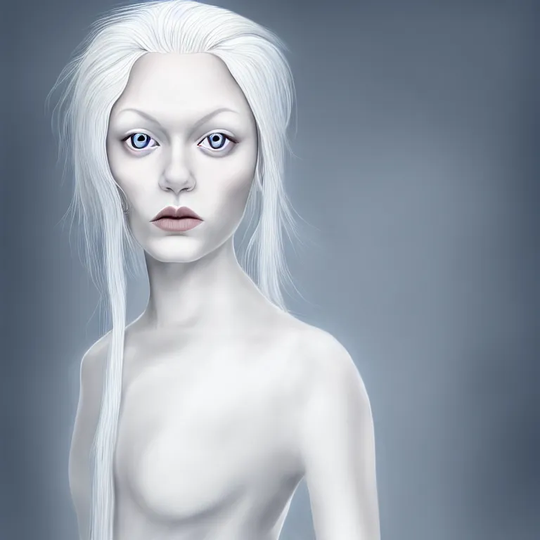 Prompt: professional digital art portrait of a wonderful symmetrical albino goddess with a fuffy white hair and dressed with a majestic sem transparent cotton dress