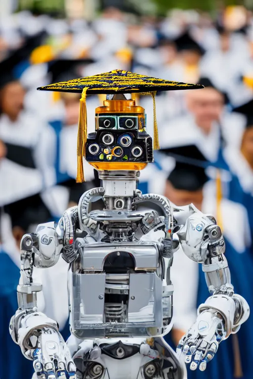 Prompt: a portrait photo of a extremely detailed robot graduating wearing a graduation hat. nikon z 9. 5 0 mm, f / 1. 8 photography. portrait photography. ultra hd, 8 k, graduation photo