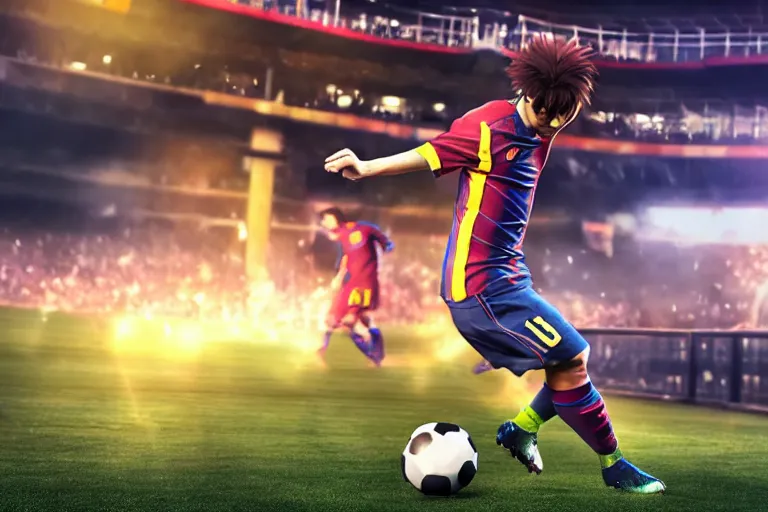 Image similar to anime soccer player scores goal like lionel messi, hyper realism, octane render