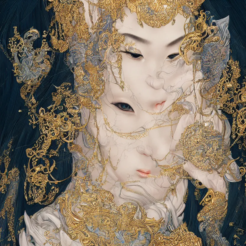 Prompt: amazing exquisite matte painting, front close - up portrait of a chinese white loong, sacred,, shimmer, exquisite detail huge details, gold detailed line work, by xision and yukii morita,, james jean, trending on artstation