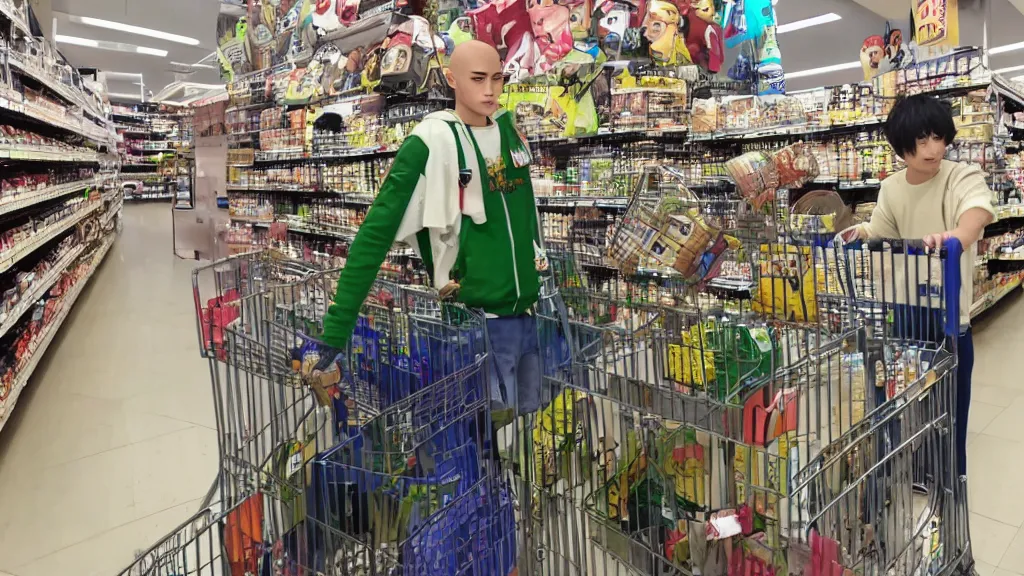 Prompt: Genos from One Punch Man pushing a shopping cart in a Japanese grocery store by Studio Ghibli! Hiyao Miyazaki