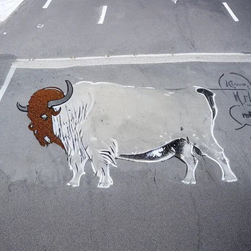 Image similar to a buffalo covered in flour in the middle of the street, graffiti art