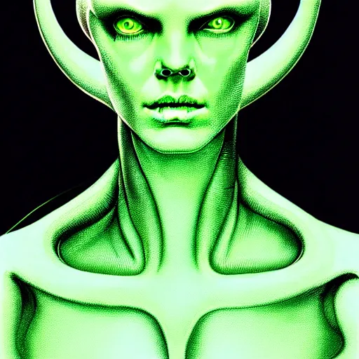 Image similar to medium portrait top light, by killian eng and joe fenton and h r giger and conrad roset, inspired by alien movie 1 9 7 9, lime green background, fine, sharp high detail,