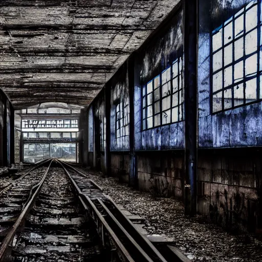 Prompt: derelict train station, cracked walls, dust, dirt, moss, messy, fog, hyperdetailed, 4 k