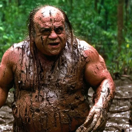 Prompt: cinematic still of danny devito, covered in mud and watching a predator in a swamp in 1 9 8 7 movie predator, hd, 4 k