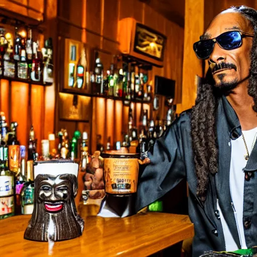 Image similar to snoop dogg at trader vic's bar holding a tiki mug with his face on it