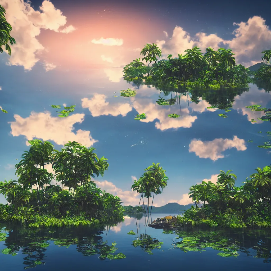 Prompt: island on a beautiful serene lake, ripples, tropical foliage intricate details, reflections, ripples, album cover, glowing sky, hyperdetailed illustration, octane render, low light