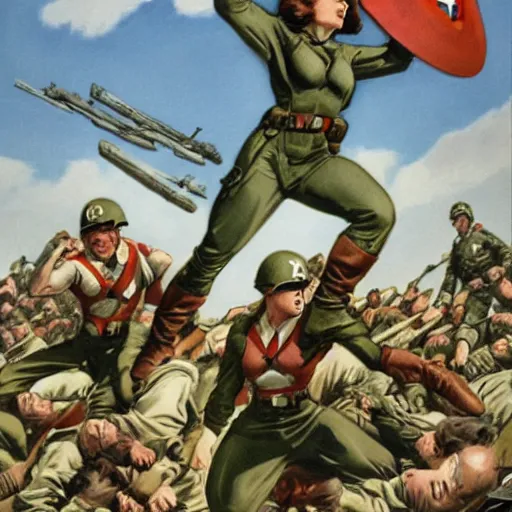 Image similar to female captain america standing on a pile of defeated german soldiers. wwii american propaganda poster by james gurney