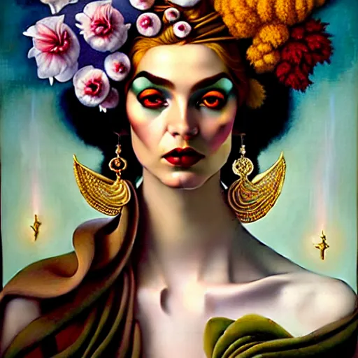 Image similar to dynamic composition, a painting of a woman with hair of flowers and raven plummage wearing ornate earrings, a surrealist painting by tom bagshaw and jacek yerga and tamara de lempicka and jesse king, featured on cgsociety, pop surrealism, surrealist, dramatic lighting, wiccan, pre - raphaelite, ornate gilded details