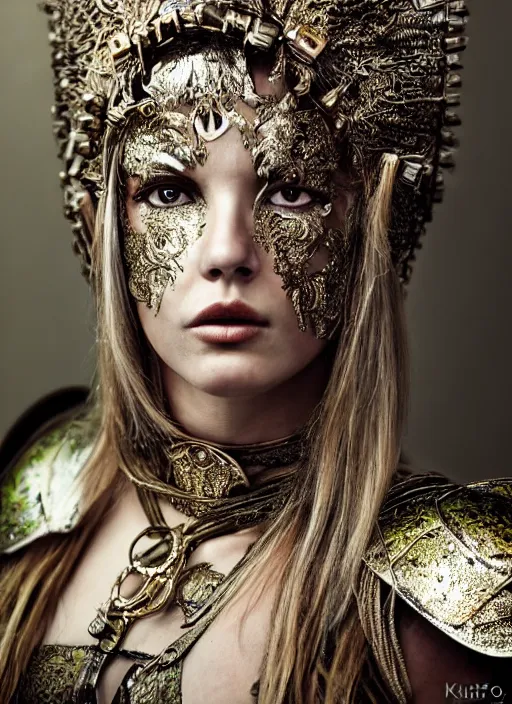 Prompt: close - up portrait of beautiful young woman dressed gladiator with metallic armor, art by kirsty mitchell