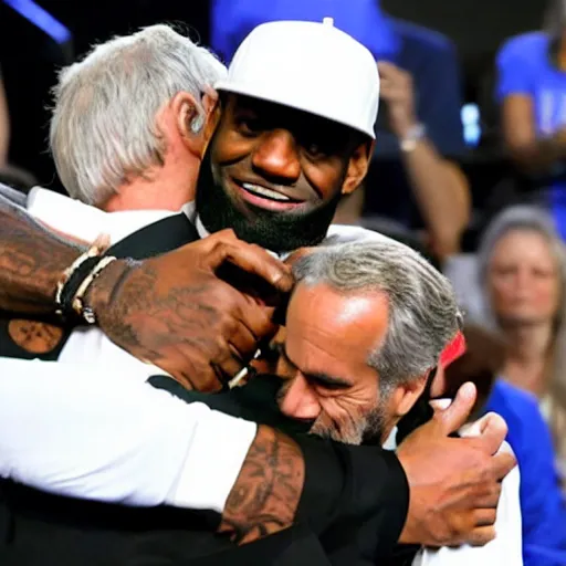 Image similar to photograph of lebron james hugging Jeffrey Epstein