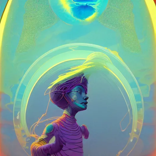 Image similar to colourful breathtakingly weird beautiful powerful magical wonderfully majestic beautifully cool character by michael whelan and moebius and beeple and kilian eng and dan mcpharlin and pascal blanche and jamie hewlett and richard dadd, symmetrical, magical stormy reflections, smoke on water, 8 k artstation