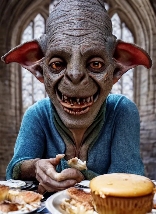 Image similar to closeup portrait of a medieval goblin eating cakes in the cloisters, depth of field, zeiss lens, detailed, symmetrical, centered, fashion photoshoot, by Annie Leibovitz and Steve McCurry, David Lazar, Jimmy Nelsson, Breathtaking, 8k resolution, extremely detailed, beautiful, establishing shot, artistic, hyperrealistic, beautiful face, octane render