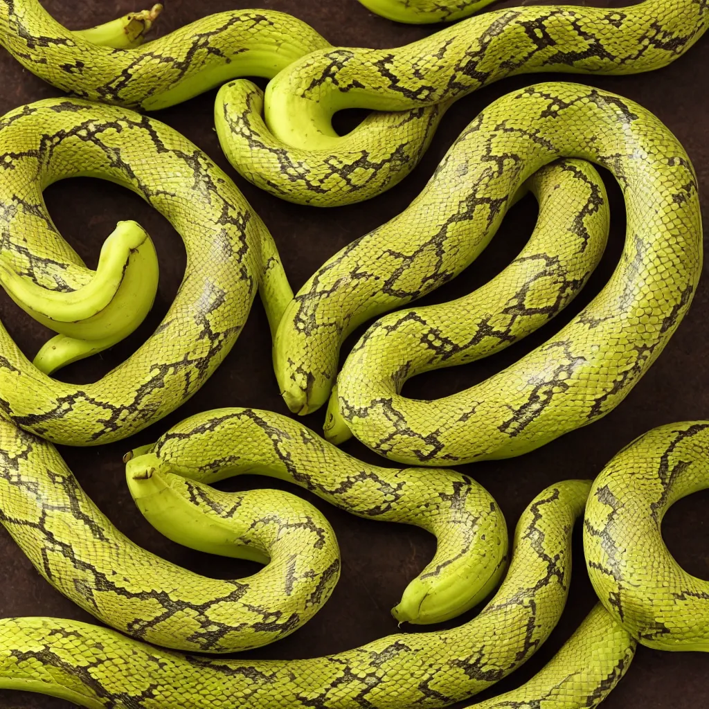 Prompt: snakes that look like very ripe bananas, and form a complex fractal, cracked, vegetable foliage, art nouveau fractal with petal shape, and stems, mesh roots, hyper real, food photography, high quality