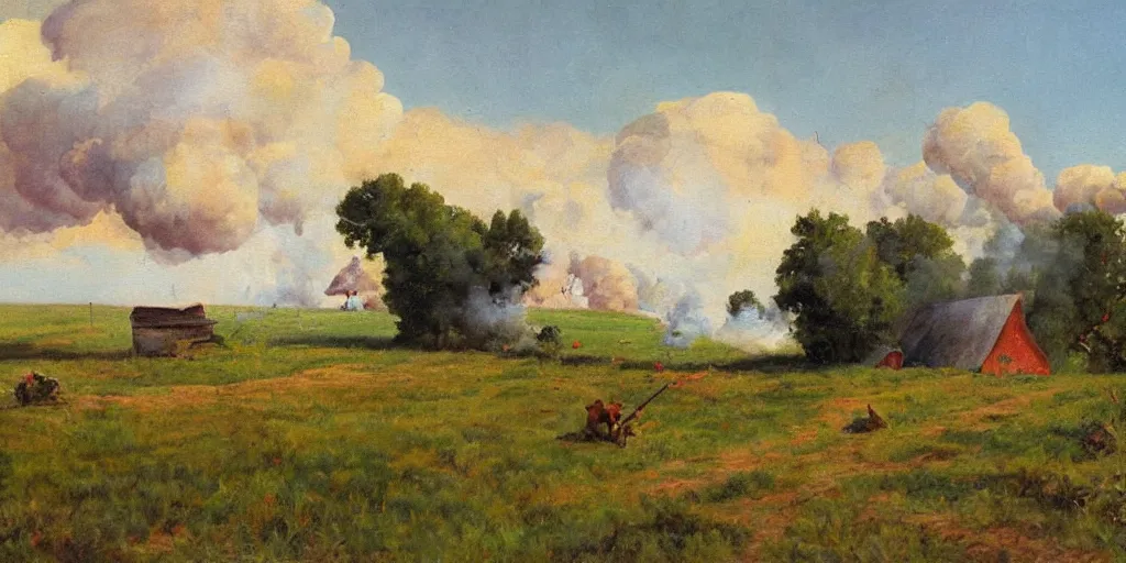 Image similar to an eastern front battlefield landscape, summertime, ruined house, artillery craters, distant smoke column on the horizon, oil painting in the style of peredvizhniki