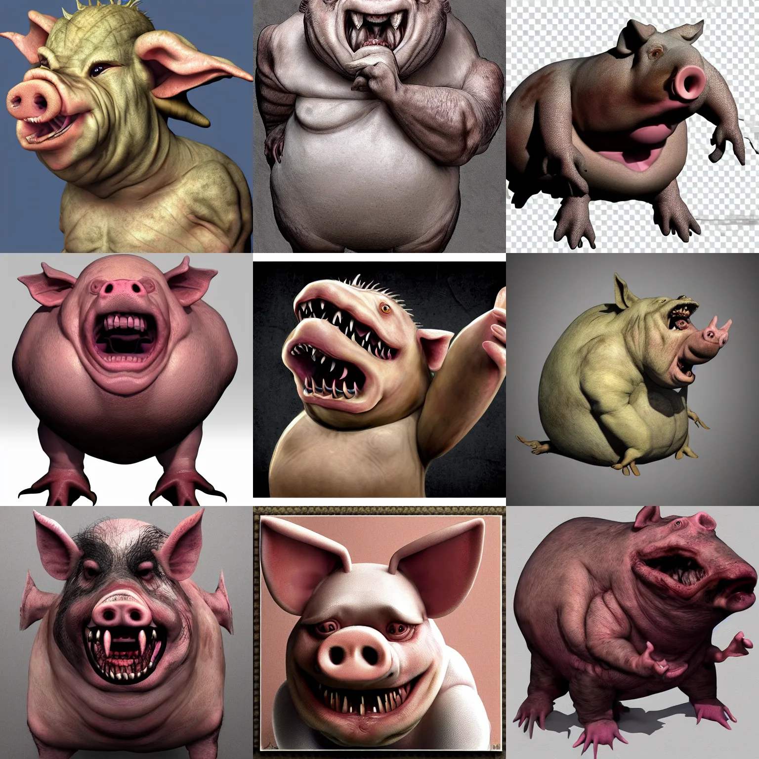 Prompt: photo of a realistic fat muscular pighead pig swine character screaming horror artstation trending by h r giger