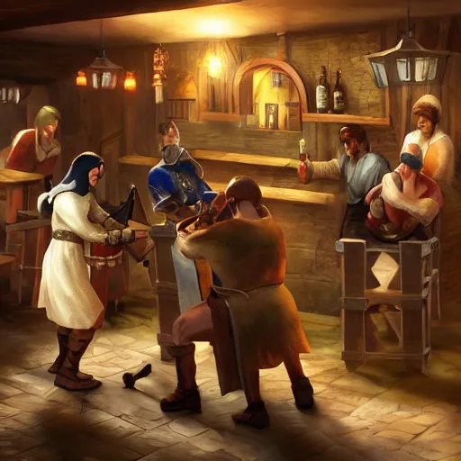 Prompt: medieval tavern bar fight, artstation, photorealistic