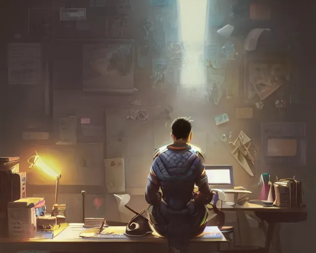 Image similar to an insanely detailed painting of a nerdy asian man wearing a superhero costume, sitting at a desk, staring at the nervously at the computer and typing, in the style of peter mohrbacher, dramatic lighting and composition, octane render, pixar, trending on artstation, concept art, comic book, view from behind