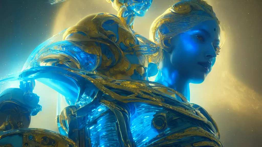 Prompt: translucent astral guardian, hindu blue goddess, golden hyperspace palace, wadim kashin, artgerm, xf iq 4, f / 1. 4, iso 2 0 0, 1 / 1 6 0 s, 8 k, raw, featured in artstation, octane render, cinematic, elegant, intricate, 8 k