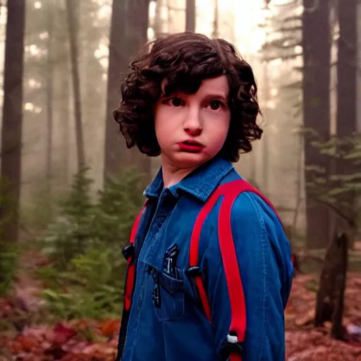 Prompt: Finn Wolfhard (Mike Wheeler) for Stranger Things holding a gun and running in a forest, dramatic lighting, cinematic, establishing shot, extremely high detail, photo realistic, cinematic lighting