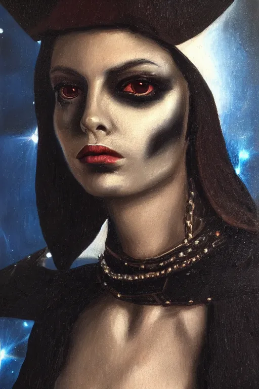 Image similar to hyperrealism oil painting, close - up portrait of european medieval brunette vampire fashion model, knight, steel gradient mixed with nebula sky, in style of baroque