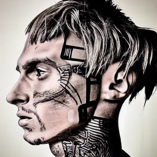 Image similar to “a realistic detailed photo of a guy who is an attractive humanoid who is half robot and half humanoid, who is a male android, rapper MGK, shiny skin, posing like a statue, blank stare”