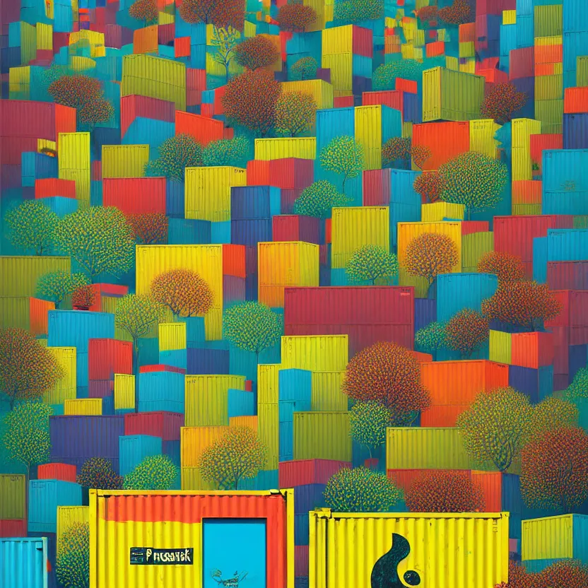 Prompt: surreal glimpse into other universe, stacks of shipping container, summer morning, very coherent and colorful high contrast, art by!!!! gediminas pranckevicius!!!!, geof darrow, floralpunk screen printing woodblock, dark shadows, hard lighting, stipple brush technique,