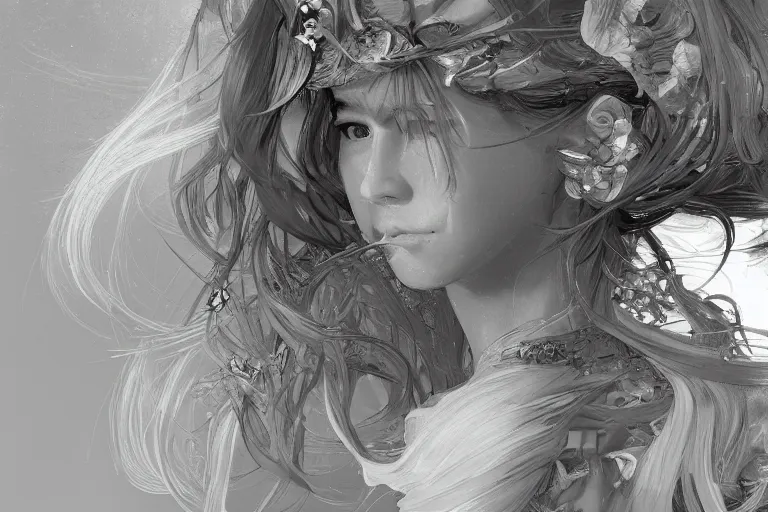 Image similar to elaborately ultradetailed close up portrait of an extremely beautiful girl, artstation, concept art, smooth, sharp focus, illustration, art by alphonse mucha and tian zi and WLOP