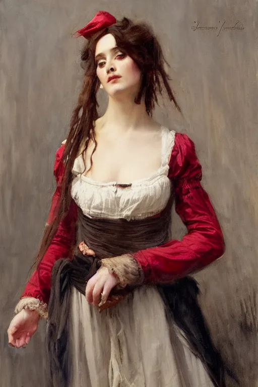 Prompt: Solomon Joseph Solomon and Richard Schmid and Jeremy Lipking victorian genre painting full length portrait painting of a young beautiful woman traditional german french actress model pirate wench in fantasy costume, red background