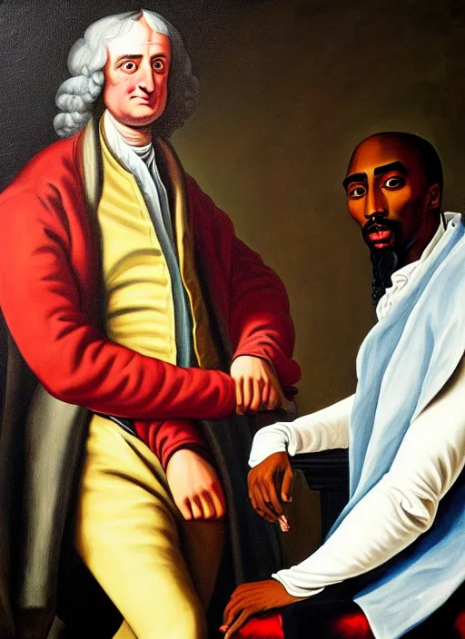 Prompt: a classical portrait of sir isaac newton and tupac shakur together chillin at the club, oil on canvas