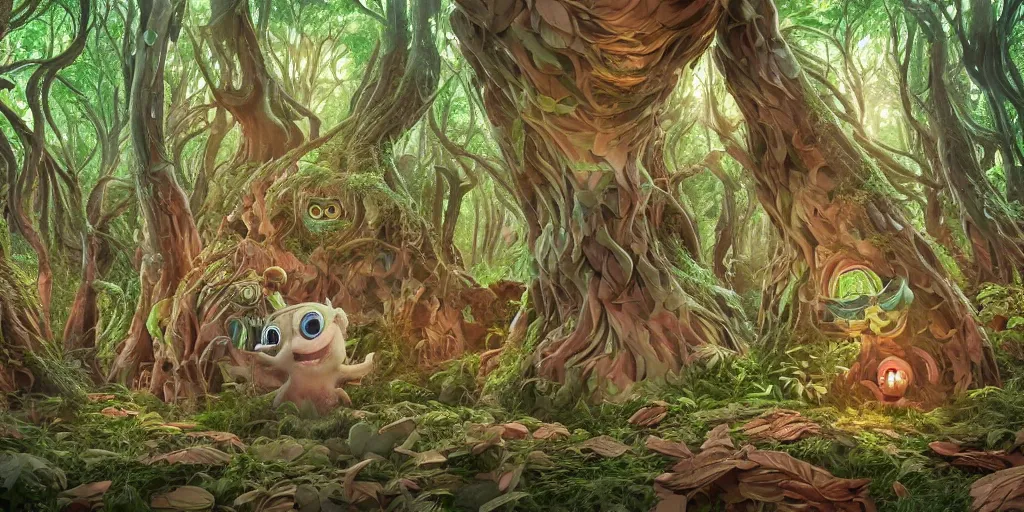 Image similar to of an intricate forest with strange cute friendly happy creatures with huge eyes, mouth, long tongue, round teeth and goofy face, appearing from the background, in the style of gehry and gaudi, macro lens, shallow depth of field, ultra detailed, digital painting, trending artstation, concept art, illustration, cinematic lighting, photorealism, epic, octane render