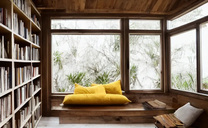 Image similar to interior desing magazine photo of a big window with a wooden frame to sit on, some sandy yellow pillows, there are a few books and plants on a integrated shelf, great architecture, ambient light, 8k