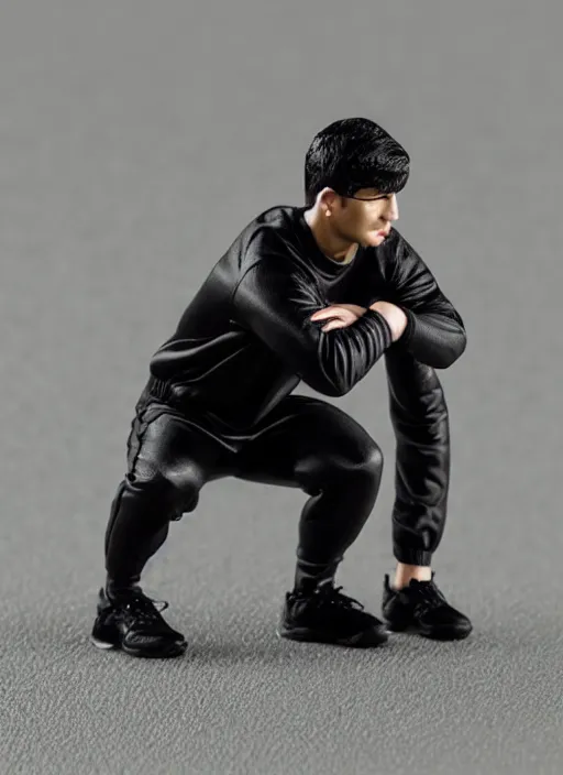 Image similar to 80mm resin detailed miniature of man squatting in black Adidas tracksuit, Product Introduction Photos, 4K, Full body,