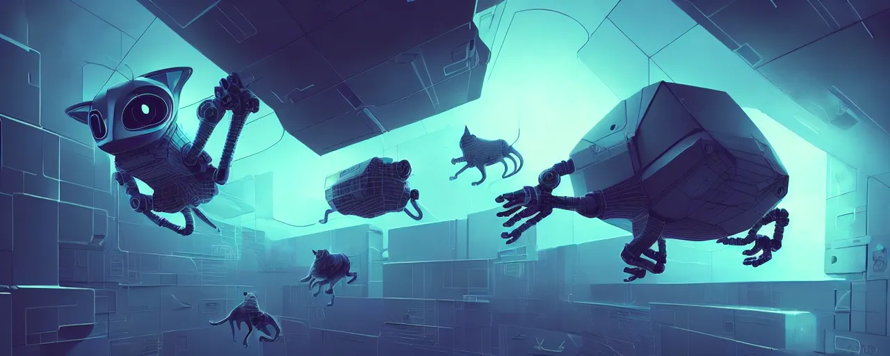 Prompt: duotone noir scifi concept dynamic illustration of 3 d mesh of robotic cats inside box floating zero gravity glowing 3 d mesh portals futuristic, glowing eyes, octane render, surreal atmosphere, volumetric lighting. accidental renaissance. by sachin teng and sergey kolesov and ruan jia and heng z. graffiti art, scifi, fantasy, hyper detailed. trending on artstation