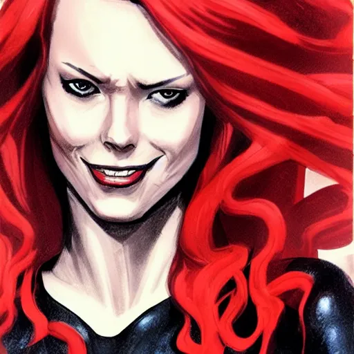 Prompt: Black Widow, black jump suit, red hair, portrait, realistic proportions, smile, marvel comics, superheroine, concept art, realistic