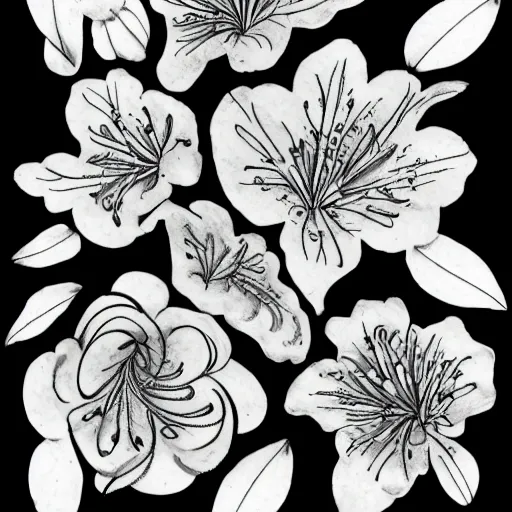 Image similar to azalea flowers in the style of the Voynich manuscript outline tattoo design, black ink on white paper