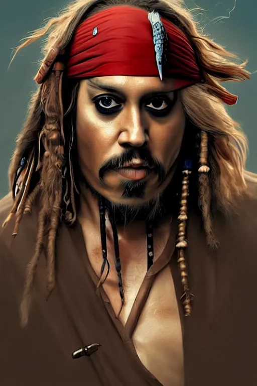 Image similar to Boris Johnson as Jack Sparrow, Boris Johnson hairstyle, realistic portrait, symmetrical, highly detailed, digital painting, artstation, concept art, smooth, sharp focus, illustration, cinematic lighting, art by artgerm and greg rutkowski and alphonse mucha