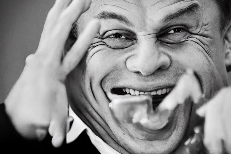 Image similar to viktor orban laughing hard by peter lindbergh