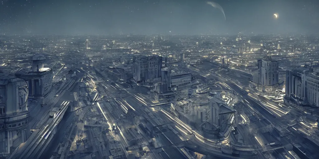 Prompt: cinematic shot of a cityscape futuristic saint petersburg city in the moon, russian orbit city, telephoto, golden mood, iconic scene from the paranoid thriller sci fi film directed by stanley kubrick, anamorphic cinematography, beautiful composition, color theory, leading lines, photorealistic, moody volumetric lighting