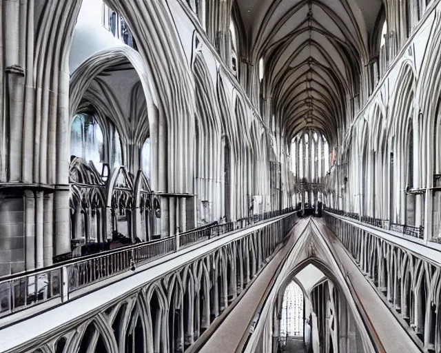 Prompt: photo of a monorail train system that runs through salisbury cathedral, architectural photography, concept art