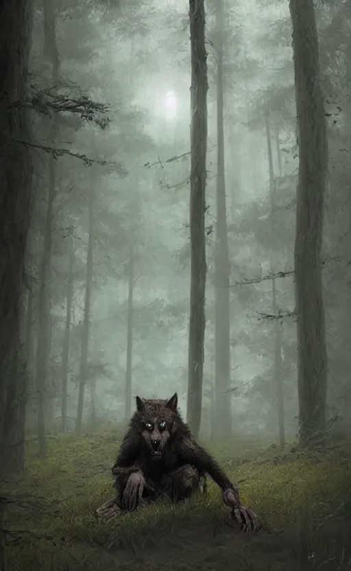 Prompt: hyperrealistic, Portrait of a werewolf crouched in a foggy forest, fantasy, yellow eyes, highly detailed, cinematic lighting, digital art painting by greg rutkowski