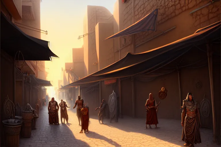 Image similar to a highly detailed bazaar street in the desert city of tyr from the land of athas, amazing dark sun digital painting, by gerald brom, brom digital art, concept art, intricate details, ultra realistic, beautiful art, volumetric lighting, dark sun - campaign setting, by brom, trending cgsociety, artstation, rim lighting, 8 k