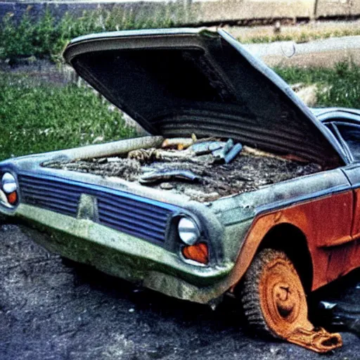 Image similar to alien is repairing an old lada near garages, soviet space, top secret style, realistic photo, 1 9 7 0 s, color