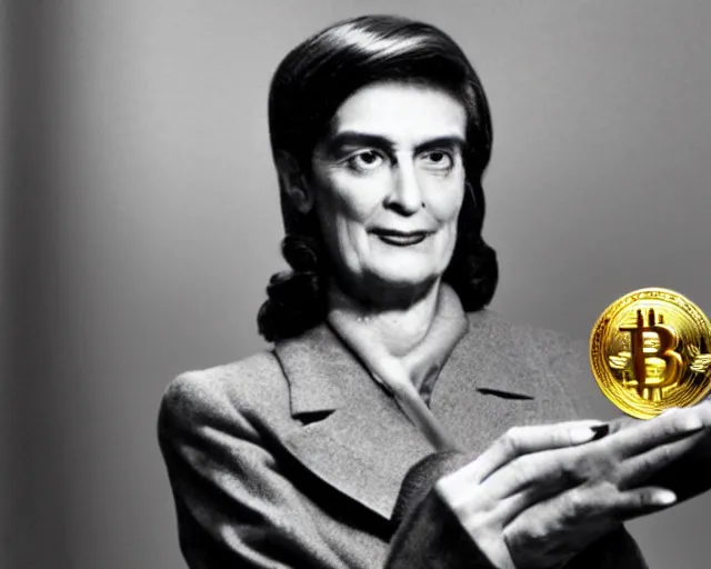 Prompt: ayn rand holding a golden bitcoin, commercial photo by david hamilton for vogue