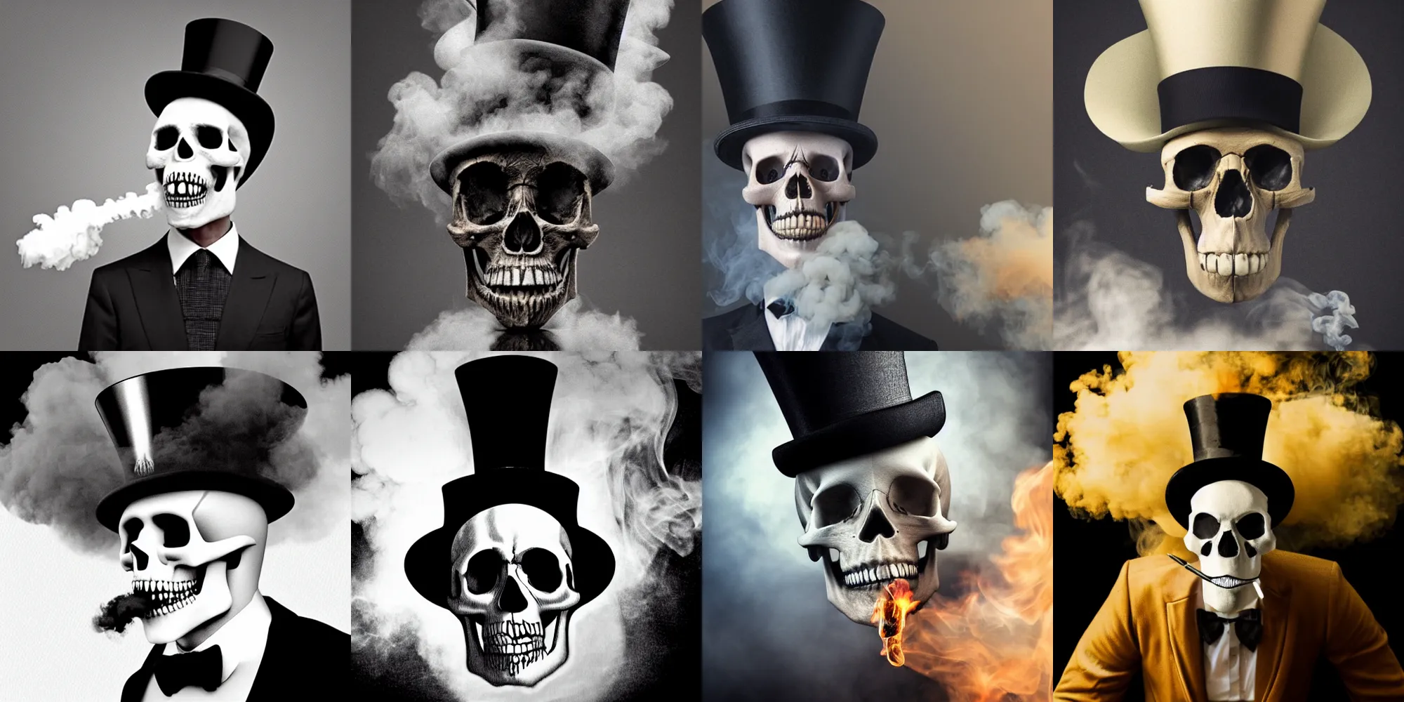 Image similar to hyperrealistic skull wearing a top hat surrounded by smoke, smoke pouring out of its mouth,