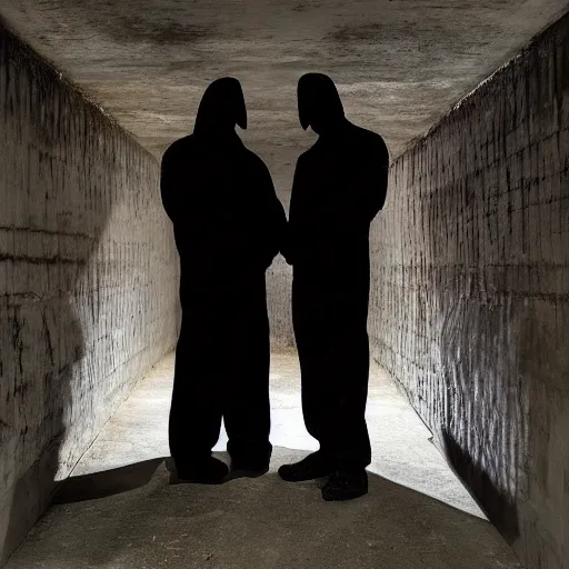 Image similar to two shadowy figures in a dingy underground concrete bunker, mood