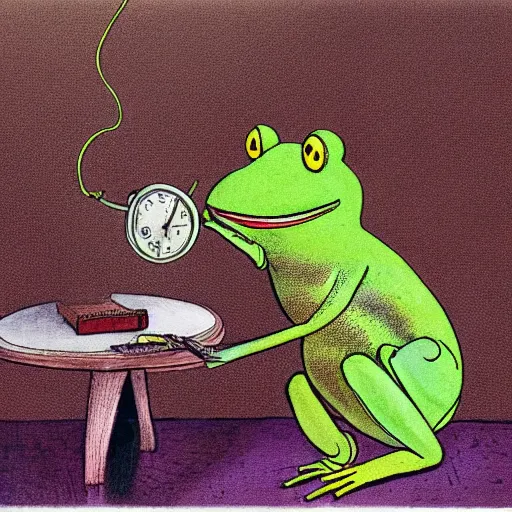 Prompt: An anthropomorphic frog pulling a stopwatch from his trench coat, illustration, art by Arnold Lobel